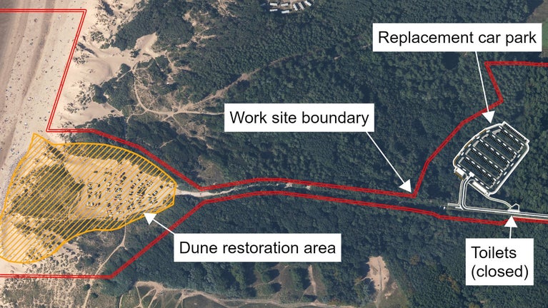 The Formby Victoria Road project work site, sand dune restoration area and location of the replacement car park.